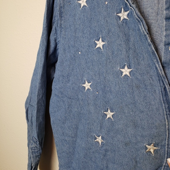 Vintage The Quacker Factory Chambray Denim Silver L Embroidered Star Button Up - Picture 6 of 6